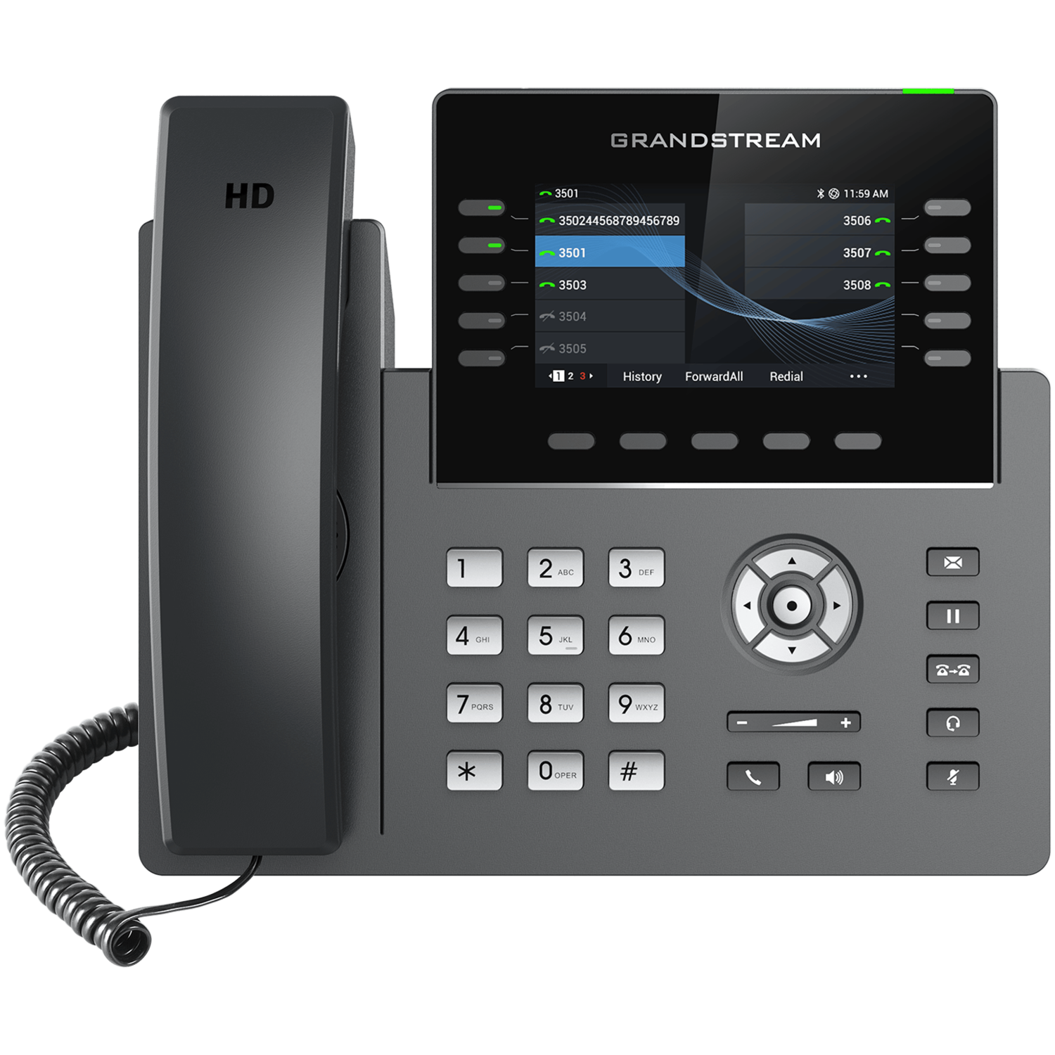 A Grandstream GRP2615 IP desk phone with a colour display